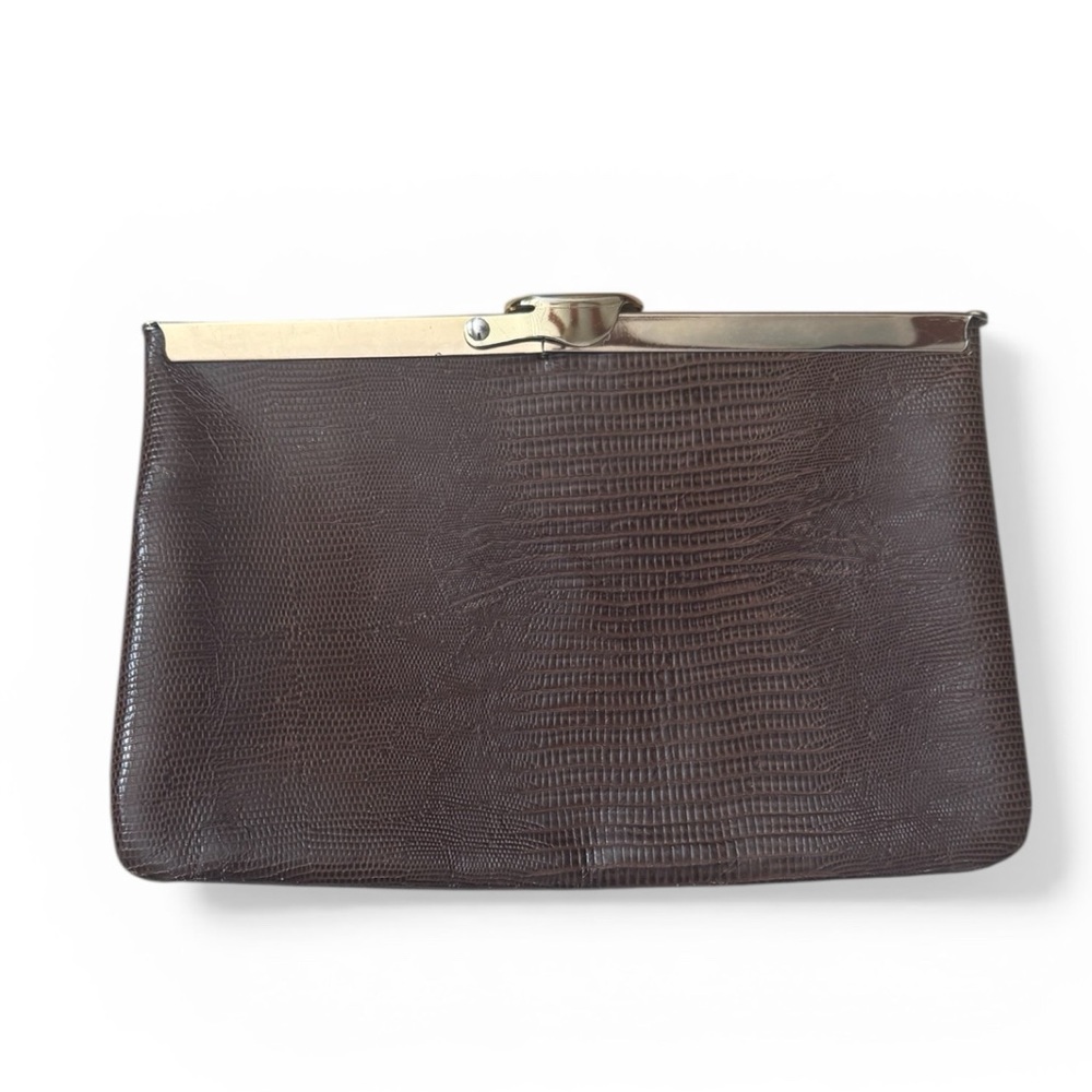 ETRA VTG genuine brown leather convertible envelope clutch handbag gold hardware